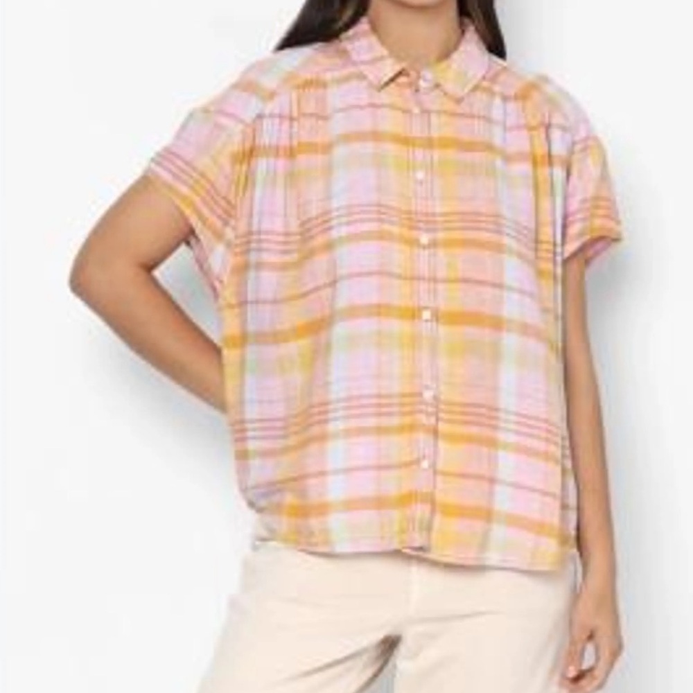 American Eagle Plaid Linen Blend Boxy Top Blouse Medium